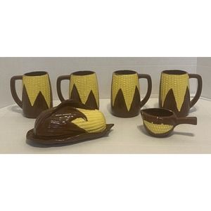Vintage Corn Cob Ceramic Mug Cup Set 4 W/ Butter Dish & Creamer Cup-Unique